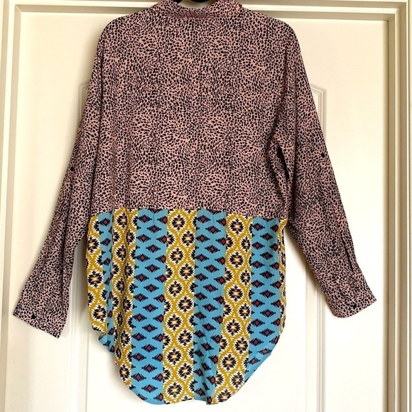 TOLANI Womens L Tunic Blouse Roll Tab Sleeve Button down Shirt Top Artsy Boho - Picture 2 of 8